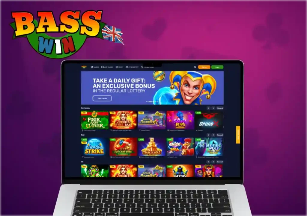 online casino interface on laptop with colorful slot games and UK theme, daily bonus offers for new UK players
