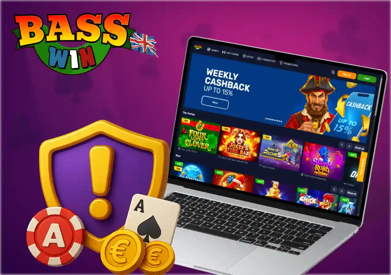 Basswin casino homepage with weekly cashback banner on laptop screen representing safe gaming for UK users
