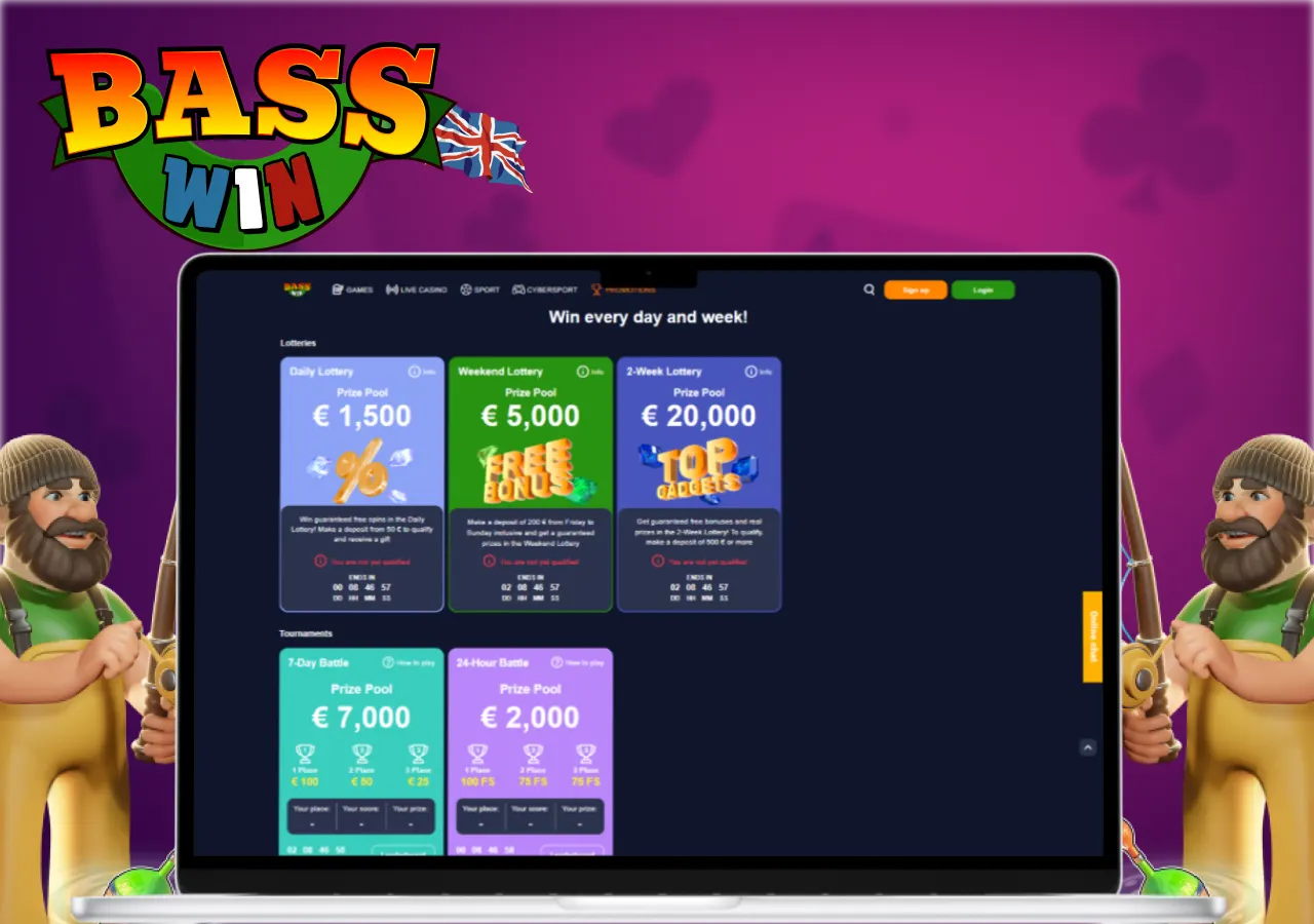 Promotions page showing daily, weekend and weekly lottery bonuses with animated fisherman characters on a laptop screen