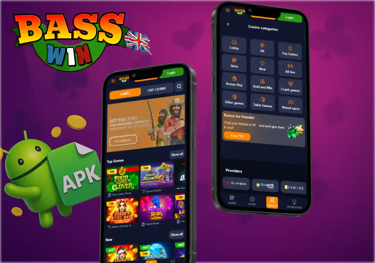 Basswin mobile casino interface on two smartphones with APK icon