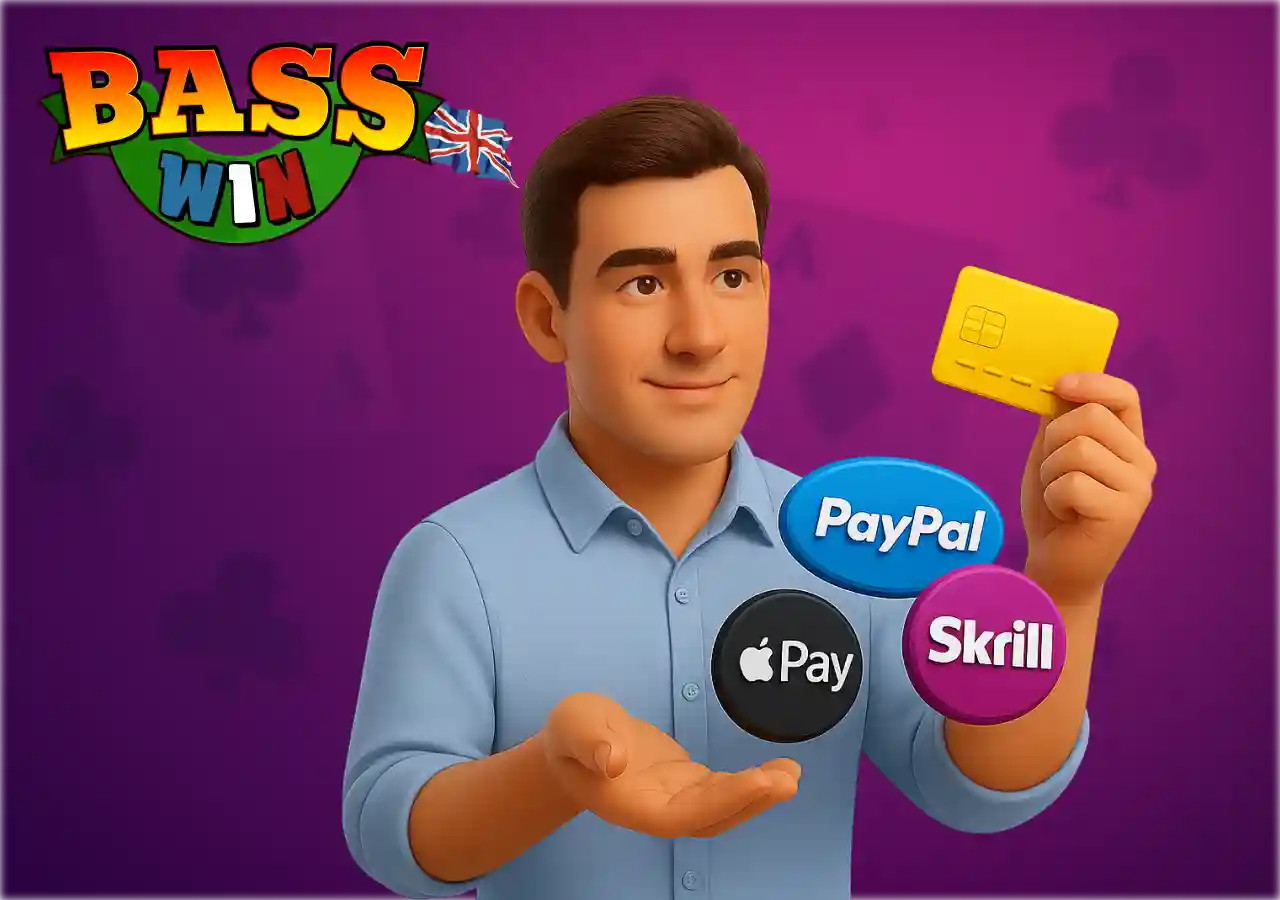 payment options with 3D character holding PayPal, Skrill, Apple Pay and bank card icons