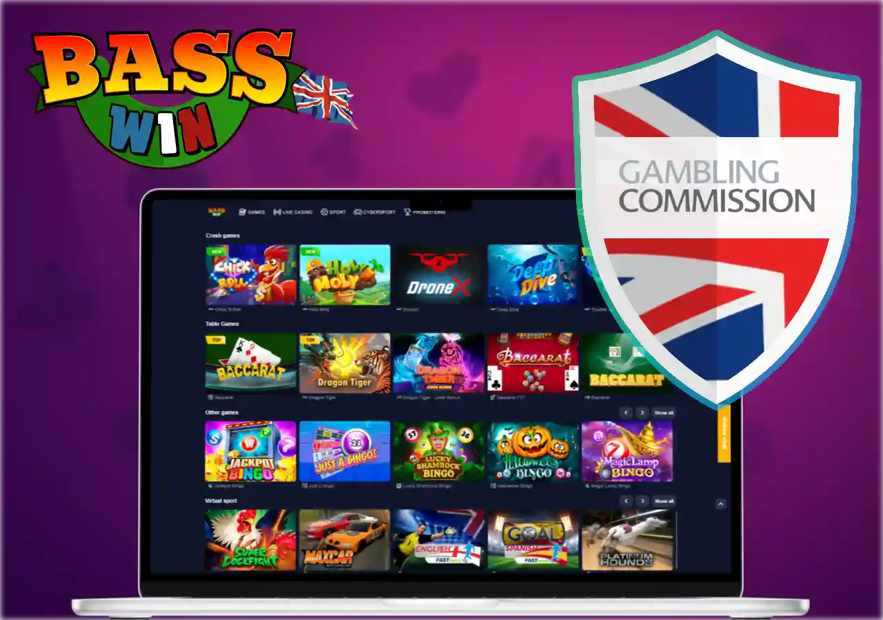 casino game selection on laptop next to UK Gambling Commission