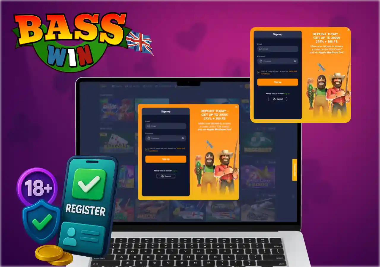 Basswin registration window on laptop with 18+ and security icons